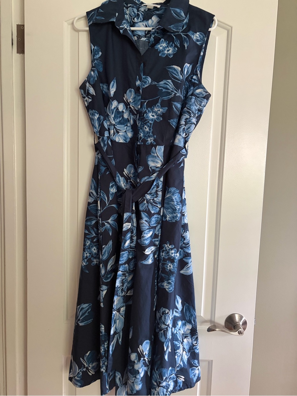 Calvin Klein Navy Blue Floral Sleeveless Midi Dress with Tie